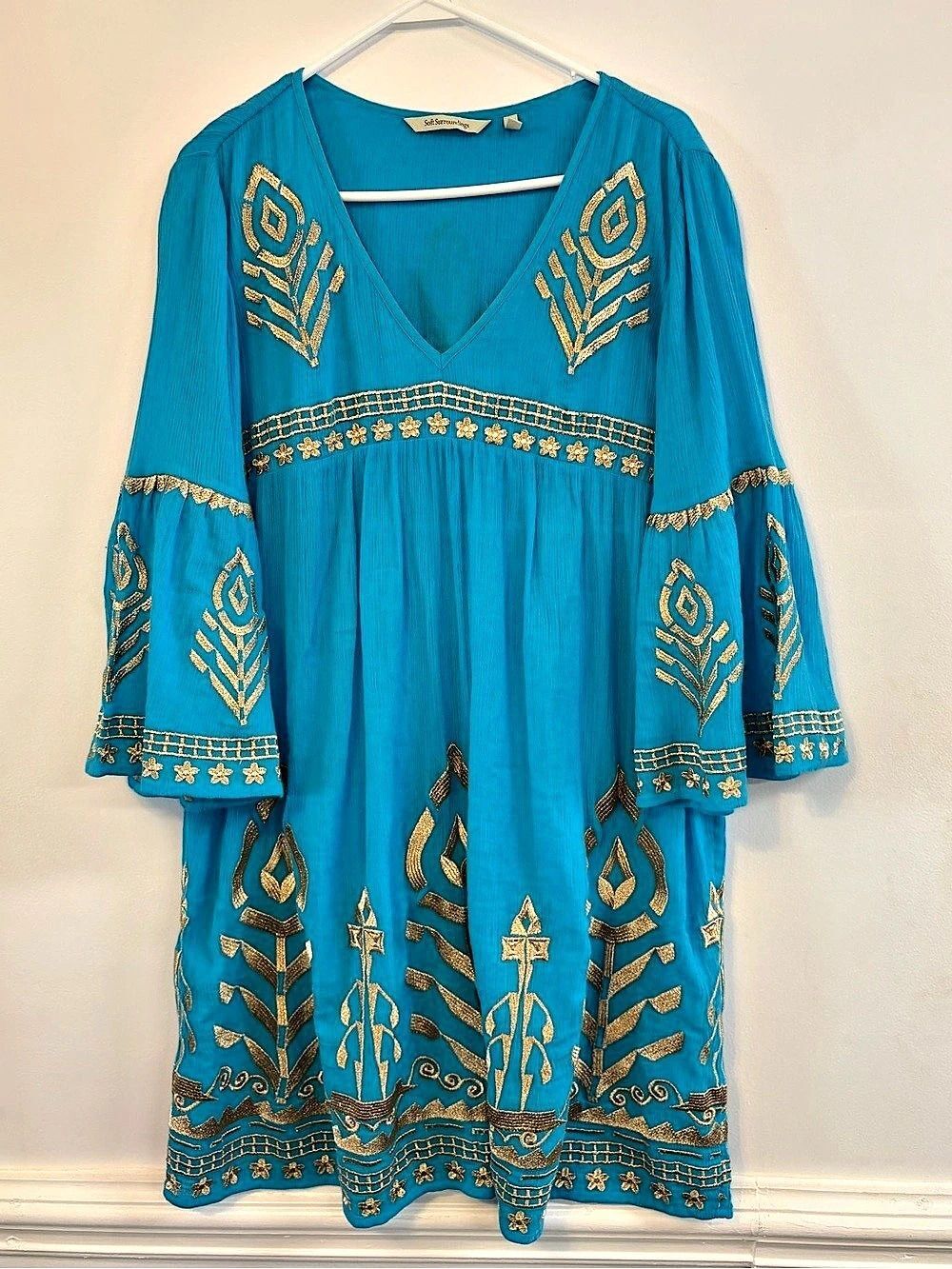 Boho Gold Embroidered Soft Surroundings Zaneta Dress Turquoise Cotton M Resort
